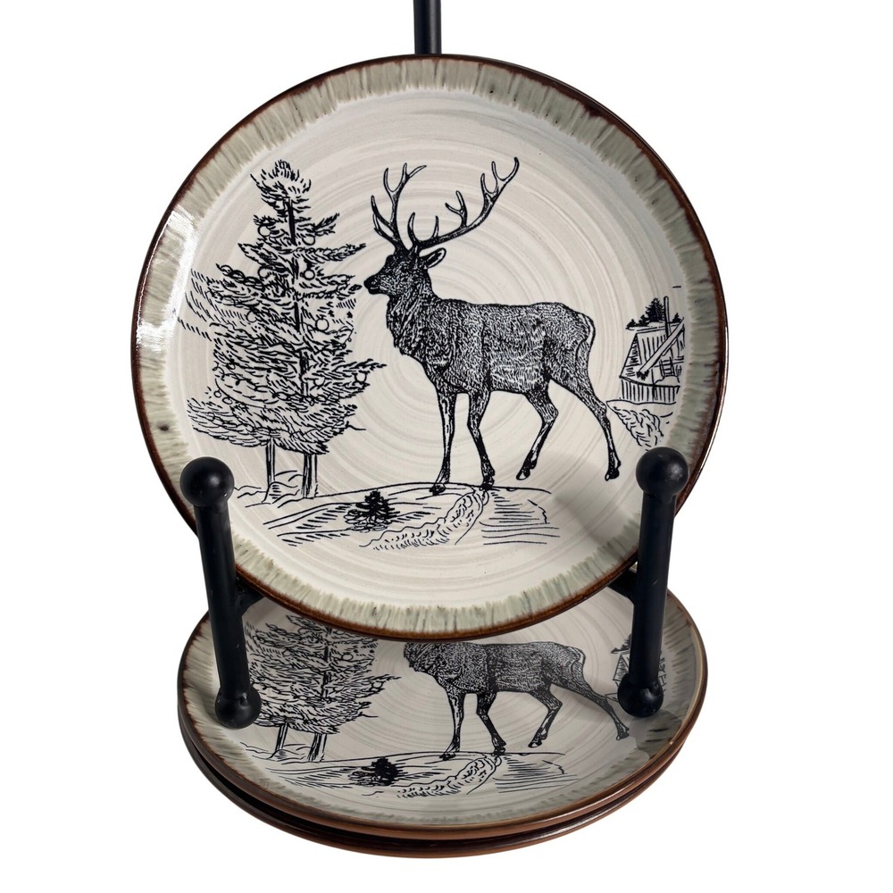 Set of 4 Elama Majestic Elk Salad Plates 8" Stoneware Cabin Lodge Replacement